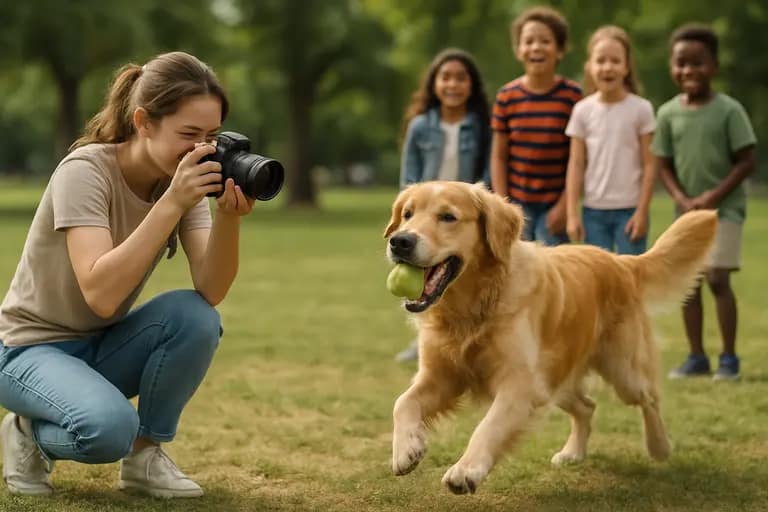 Adopter speaking with shelter staff beside a relaxed large dog