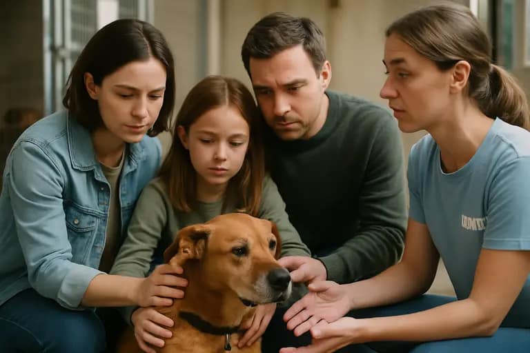 Volunteer speaking with an adopter beside a relaxed dog on leash