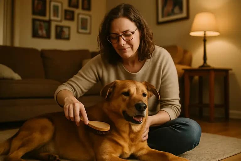 Foster caregiver checking a leash before a walk with an adult dog