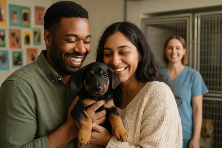 Family meeting a shelter dog after visiting a wildlife program