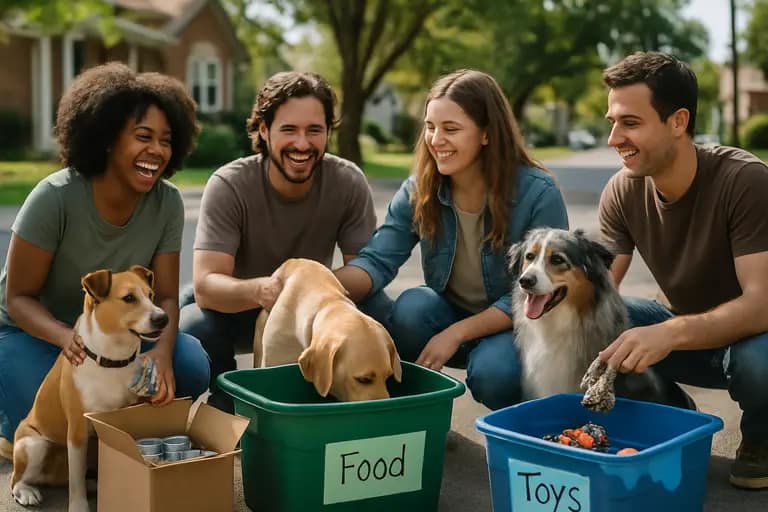 Volunteers sorting pet supplies for a shelter donation table