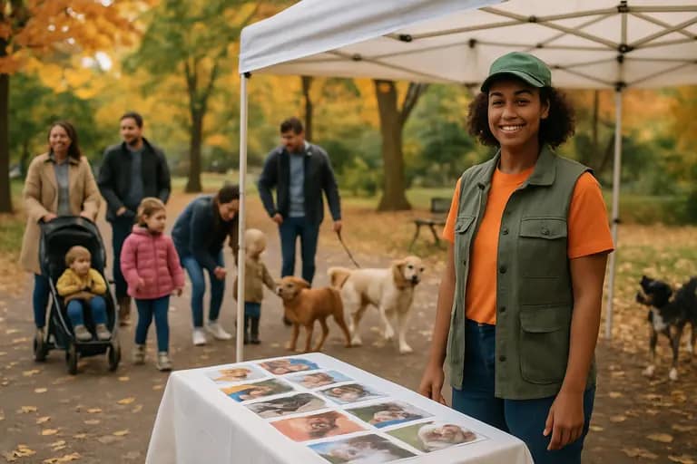 Adoptable dog resting near a community event booth outdoors