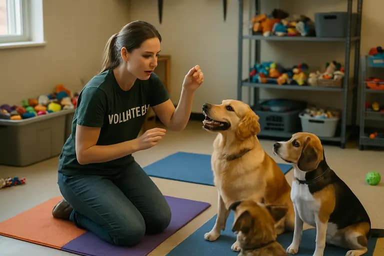 Volunteers sorting pet supplies and blankets for shelter animals
