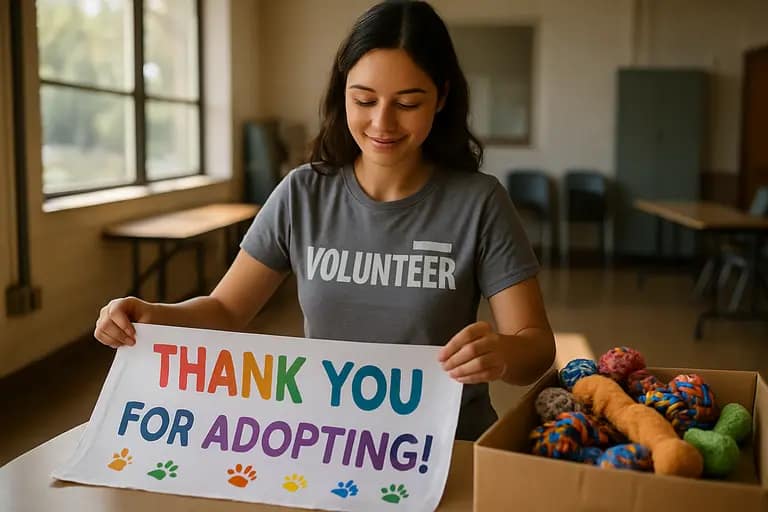 Volunteer walking a shelter dog outside on a quiet path