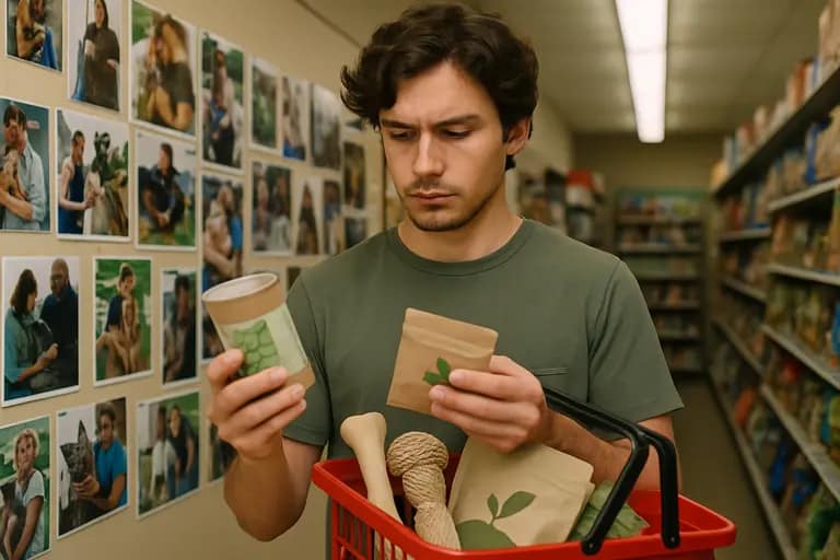 A shopper comparing basic pet supplies for a new adoption
