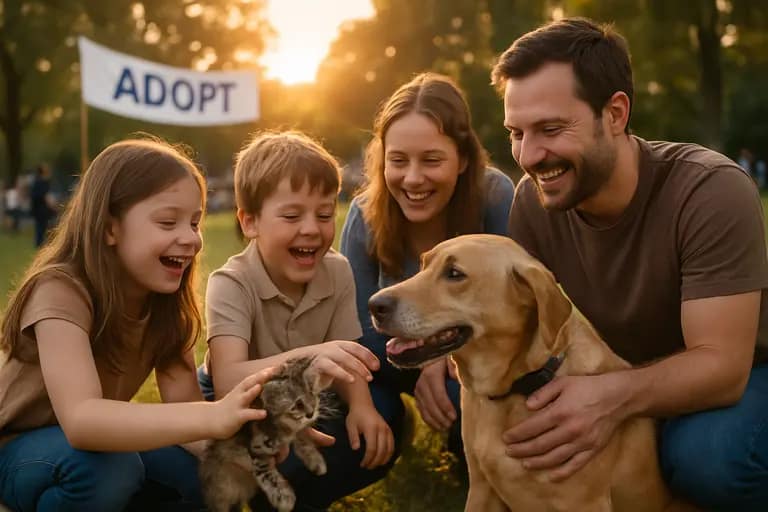 Shelter volunteer talking with a family near cat and dog adoption areas