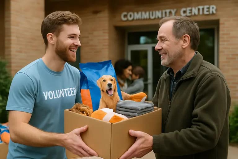 Volunteer handing pet supplies to a neighbor outside a community center