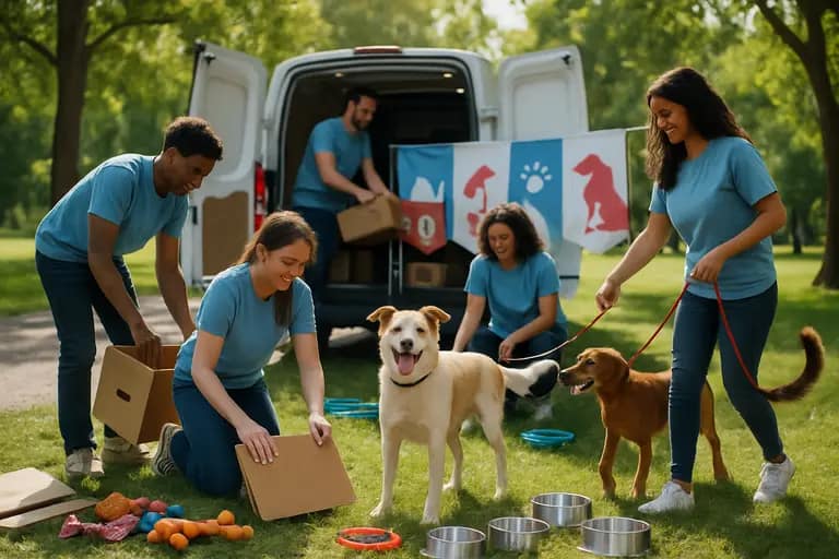 Community member donating pet supplies at an animal shelter entrance