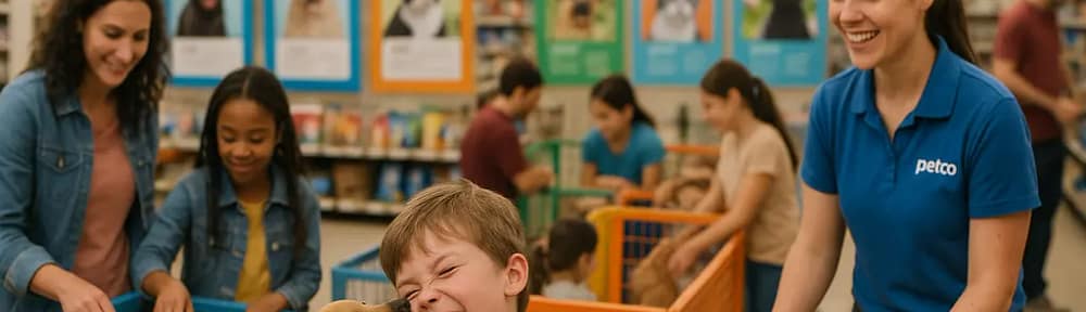 Petco Adoption Event with a volunteer greeting a family and a calm adoptable dog