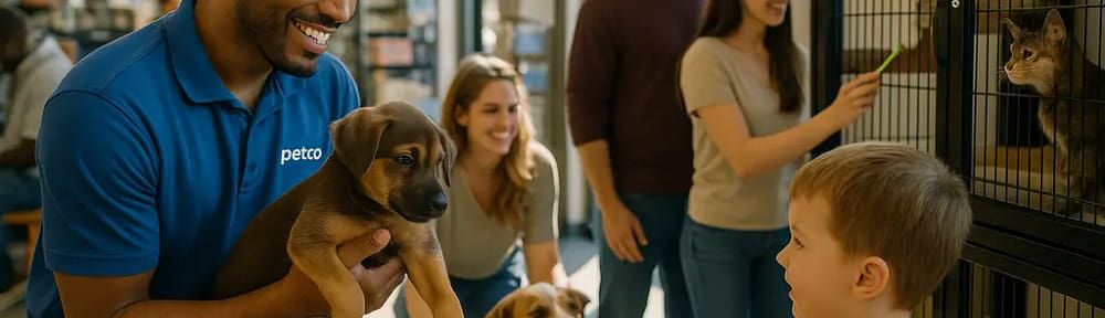Petco Adoption Events with a volunteer greeting a family and calm adoptable dog