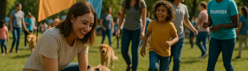 Super Adoption Event volunteers greeting families near adoptable dogs and cats