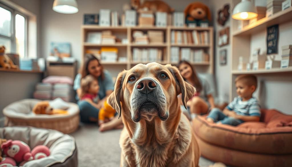 A heartwarming scene of a senior dog in a cozy adoption center, surrounded by toys and plush beds. Warm lighting casts a gentle glow, highlighting the dog's gentle eyes and greying muzzle. In the middle ground, a family eagerly interacts with the dog, their faces alight with joy and wonder. The background features shelves brimming with adoption records, illustrating the tangible impact of this heartwarming trend. An atmosphere of hope, compassion, and the profound connection between humans and their canine companions permeates the image. A heartwarming scene of a senior dog in a cozy adoption center, surrounded by toys and plush beds. Warm lighting casts a gentle glow, highlighting the dog's gentle eyes and greying muzzle. In the middle ground, a family eagerly interacts with the dog, their faces alight with joy and wonder. The background features shelves brimming with adoption records, illustrating the tangible impact of this heartwarming trend. An atmosphere of hope, compassion, and the profound connection between humans and their canine companions permeates the image.