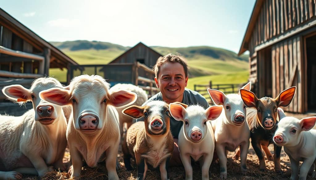 A warm, sun-dappled farmyard scene, with a flock of rescued farm animals - a gentle cow, a fluffy sheep, a curious goat, and a pair of playful piglets - gathered around a kind-faced caretaker. The animals are relaxed and content, their soft coats and curious expressions conveying a sense of safety and care. The background features a rustic wooden barn, surrounded by rolling green hills and a clear blue sky. The lighting is soft and diffused, creating a peaceful, inviting atmosphere. A wide-angle lens captures the whole scene, emphasizing the harmony and connection between the animals and their human caretaker. A warm, sun-dappled farmyard scene, with a flock of rescued farm animals - a gentle cow, a fluffy sheep, a curious goat, and a pair of playful piglets - gathered around a kind-faced caretaker. The animals are relaxed and content, their soft coats and curious expressions conveying a sense of safety and care. The background features a rustic wooden barn, surrounded by rolling green hills and a clear blue sky. The lighting is soft and diffused, creating a peaceful, inviting atmosphere. A wide-angle lens captures the whole scene, emphasizing the harmony and connection between the animals and their human caretaker.