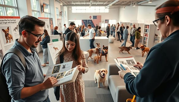 A bustling international pet adoption center, with representatives from various rescue organizations assisting visitors. In the foreground, a family carefully examines adoption files, studying the profiles of rescue dogs and cats. The middle ground showcases a well-lit, modern lobby with comfortable seating and informative displays on the adoption process. In the background, a diverse group of potential adopters engage in friendly conversations with staff, while furry companions roam freely in supervised play areas. Soft, natural lighting filters through large windows, creating a warm and inviting atmosphere. The scene conveys the care, compassion, and global collaboration involved in finding loving homes for animals in need.