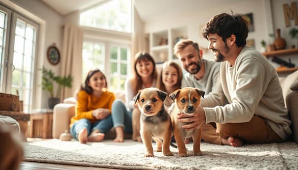 A cozy living room, filled with natural light streaming through large windows. In the foreground, a family gathers around a new pet - a playful puppy or kitten, freshly adopted from an international rescue organization. The middle ground shows the family members, beaming with joy and affection as they welcome the furry companion into their home. In the background, glimpses of travel mementos and souvenirs hint at the family's global experiences and open-hearted spirit. Warm, earthy tones and soft, diffused lighting create a sense of comfort and belonging, capturing the profound connection between the family and their new beloved pet. A cozy living room, filled with natural light streaming through large windows. In the foreground, a family gathers around a new pet - a playful puppy or kitten, freshly adopted from an international rescue organization. The middle ground shows the family members, beaming with joy and affection as they welcome the furry companion into their home. In the background, glimpses of travel mementos and souvenirs hint at the family's global experiences and open-hearted spirit. Warm, earthy tones and soft, diffused lighting create a sense of comfort and belonging, capturing the profound connection between the family and their new beloved pet.