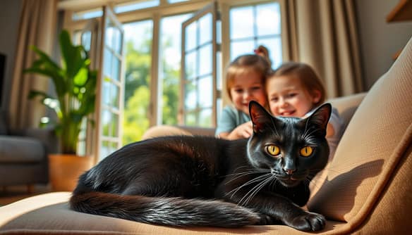 A cozy, sun-dappled living room. In the foreground, a sleek black cat curled up on a plush armchair, its golden eyes shining with contentment. In the middle ground, a pair of young children giggle as they gently pet the cat, their faces alight with joy. The background reveals an open window, through which lush greenery and a clear blue sky can be seen, creating a serene, uplifting atmosphere. Soft, warm lighting bathes the scene, highlighting the cat's glossy fur and the children's happy expressions. A gentle lens blur adds depth and focus, drawing the viewer's attention to the central subjects and their heartwarming interaction.