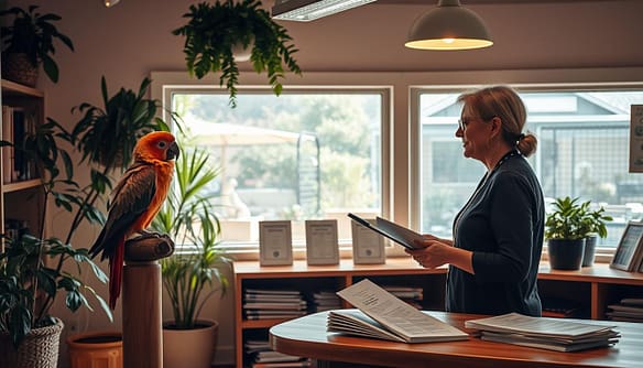 A cozy, well-lit adoption center, showcasing an elegant parrot perched on a wooden stand, surrounded by lush foliage and warm lighting. In the foreground, a compassionate adoption counselor gently guides a prospective owner through the ethical adoption process, explaining the parrot's needs and background. The middle ground features meticulously organized adoption materials, including bird care guides and adoption contracts. In the background, a panoramic window offers a glimpse of a serene outdoor aviary, hinting at the parrot's future forever home. The overall scene conveys a sense of care, transparency, and the mutual understanding between the rescuer and the adopter. A cozy, well-lit adoption center, showcasing an elegant parrot perched on a wooden stand, surrounded by lush foliage and warm lighting. In the foreground, a compassionate adoption counselor gently guides a prospective owner through the ethical adoption process, explaining the parrot's needs and background. The middle ground features meticulously organized adoption materials, including bird care guides and adoption contracts. In the background, a panoramic window offers a glimpse of a serene outdoor aviary, hinting at the parrot's future forever home. The overall scene conveys a sense of care, transparency, and the mutual understanding between the rescuer and the adopter.