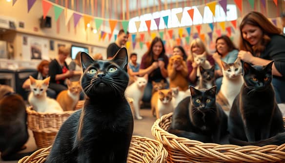A cozy, well-lit animal shelter filled with playful rescue cats. In the foreground, a cheerful black cat sits in a woven basket, looking up with hopeful eyes. In the middle ground, volunteers enthusiastically interact with cats of various colors, showcasing their affectionate personalities. The background depicts an event space decorated with colorful banners and streamers, creating a celebratory atmosphere for the Black Cat Adoption Day. Soft, warm lighting illuminates the scene, capturing the joy and connection between the cats and their potential adopters. A sense of community and hope permeates the image, inviting the viewer to imagine the happy endings that await these shelter cats. A cozy, well-lit animal shelter filled with playful rescue cats. In the foreground, a cheerful black cat sits in a woven basket, looking up with hopeful eyes. In the middle ground, volunteers enthusiastically interact with cats of various colors, showcasing their affectionate personalities. The background depicts an event space decorated with colorful banners and streamers, creating a celebratory atmosphere for the Black Cat Adoption Day. Soft, warm lighting illuminates the scene, capturing the joy and connection between the cats and their potential adopters. A sense of community and hope permeates the image, inviting the viewer to imagine the happy endings that await these shelter cats.