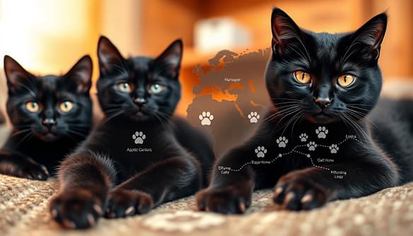 A detailed black cat adoption map showcasing feline companions currently available for loving homes. In the foreground, a trio of black cats lounging playfully, their vibrant eyes and sleek coats capturing the viewer's attention. The middle ground features a stylized world map, with various adoption centers and shelters marked by paw print icons, inviting prospective owners to explore. Bathed in a warm, golden light, the background evokes a cozy, welcoming atmosphere, suggesting the fulfillment and joy that comes with welcoming a new furry friend into one's life. Crisp, high-resolution photography with a shallow depth of field, emphasizing the connection between the cats and the adoption opportunities across the globe. A detailed black cat adoption map showcasing feline companions currently available for loving homes. In the foreground, a trio of black cats lounging playfully, their vibrant eyes and sleek coats capturing the viewer's attention. The middle ground features a stylized world map, with various adoption centers and shelters marked by paw print icons, inviting prospective owners to explore. Bathed in a warm, golden light, the background evokes a cozy, welcoming atmosphere, suggesting the fulfillment and joy that comes with welcoming a new furry friend into one's life. Crisp, high-resolution photography with a shallow depth of field, emphasizing the connection between the cats and the adoption opportunities across the globe.