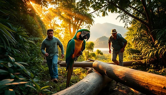 A dramatic scene of a vibrant macaw being carefully transported through lush, verdant terrain by a team of dedicated wildlife rescuers. The bird's vibrant plumage stands out against the earthy tones of the undergrowth, as the rescuers navigate fallen logs and dense foliage, their expressions focused and determined. Shafts of warm, golden light filter through the canopy, casting a serene glow over the rescue effort. In the distance, a mountain range rises, hinting at the remote, untamed environment where this story unfolds. The overall mood is one of hope, compassion, and the triumph of nature conservation.