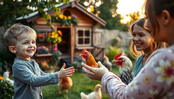 A happy family eagerly welcomes a flock of adorable chickens into their backyard. In the foreground, a young child delightedly extends their hand to a curious feathered friend, their faces alight with joy. The middle ground showcases the cozy coop, meticulously designed with rustic wood and vibrant blooms, providing a safe haven for the new feathered residents. In the background, the lush, verdant garden sets the scene, bathed in the warm glow of a golden hour sunset, creating a serene and inviting atmosphere. The lighting is soft and natural, capturing the tender, heartwarming moment of this family's transformation as they embrace their new feathered companions.