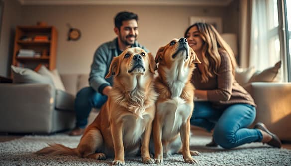 A heartwarming scene of a bonded pair of dogs being adopted, bathed in warm, soft lighting. In the foreground, two loyal canine companions sit side by side, their gaze filled with hope and trust as they look up at their new human family. Their bodies are intertwined, suggesting an unbreakable bond. In the middle ground, the adoptive parents kneel down, their faces alight with joy and unconditional love as they welcome the dogs into their home. The background is a cozy, inviting living room, with plush furniture and a sense of comfort and security. The overall mood is one of profound connection, empathy, and the promise of a loving, forever home. A heartwarming scene of a bonded pair of dogs being adopted, bathed in warm, soft lighting. In the foreground, two loyal canine companions sit side by side, their gaze filled with hope and trust as they look up at their new human family. Their bodies are intertwined, suggesting an unbreakable bond. In the middle ground, the adoptive parents kneel down, their faces alight with joy and unconditional love as they welcome the dogs into their home. The background is a cozy, inviting living room, with plush furniture and a sense of comfort and security. The overall mood is one of profound connection, empathy, and the promise of a loving, forever home.