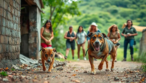 A heartwarming scene of a dog rescue transformation unfolds in a warm, inviting setting. In the foreground, a timid, malnourished canine cautiously emerges from a dilapidated shelter, its eyes filled with uncertainty. As the camera pans back, we see a team of dedicated volunteers gently coaxing the dog with gentle affection and nourishing treats, their faces reflecting compassion and determination. The middle ground showcases the dog's remarkable transformation, its coat glossy and healthy, its demeanor now vibrant and playful as it joyfully bounds alongside its new human companions. In the background, a lush, verdant landscape provides a serene and uplifting backdrop, symbolizing the hope and new beginnings that await the rescued pup. Soft, diffused lighting bathes the scene, creating a sense of tranquility and healing.