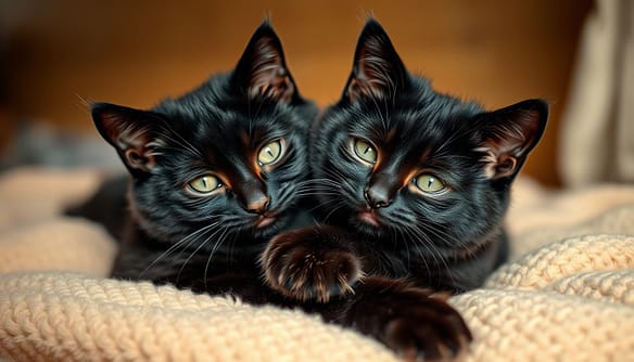 A heartwarming scene of two playful black cats, siblings or best friends, cuddling and nuzzling on a soft, plush blanket. The lighting is warm and gentle, casting a cozy glow around them. The cats' eyes shine with contentment, their expressions radiating the joy of a successful adoption story. The background is blurred, keeping the focus on the loving connection between the feline companions. Captured with a shallow depth of field, the image conveys a sense of intimacy and companionship, perfectly encapsulating the triumph over misconceptions about black cats.