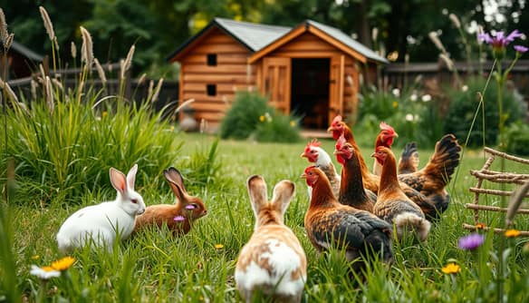 A lush, verdant backyard scene with a spacious coop nestled amidst tall grasses and wildflowers. In the foreground, a group of curious rabbits cautiously approach a flock of free-ranging hens, their interactions gentle and harmonious. Soft, diffused natural lighting illuminates the pastoral setting, creating a warm, inviting atmosphere. The camera angle is slightly elevated, allowing the viewer to observe the tranquil cohabitation of these two distinct species. Subtle details, such as the rabbits' fluffy tails and the hens' vibrant plumage, add to the charming, heartwarming nature of the scene. A lush, verdant backyard scene with a spacious coop nestled amidst tall grasses and wildflowers. In the foreground, a group of curious rabbits cautiously approach a flock of free-ranging hens, their interactions gentle and harmonious. Soft, diffused natural lighting illuminates the pastoral setting, creating a warm, inviting atmosphere. The camera angle is slightly elevated, allowing the viewer to observe the tranquil cohabitation of these two distinct species. Subtle details, such as the rabbits' fluffy tails and the hens' vibrant plumage, add to the charming, heartwarming nature of the scene.