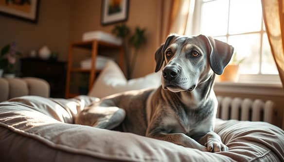 A senior dog, its gray muzzle and weathered face bearing the wisdom of years, sits calmly on a soft, cozy bed. Sunlight filters through a nearby window, casting a warm, gentle glow on the dog's content expression. The room is tastefully decorated, with soothing earth tones and a few carefully placed plants, creating a serene, healing atmosphere. The dog's posture is relaxed, conveying a sense of security and comfort, a testament to the successful rehabilitation and adoption journey it has undergone. The image captures the beauty and resilience of senior dogs, inspiring hope and a renewed appreciation for the rewards of giving these cherished companions a second chance at a fulfilling life.