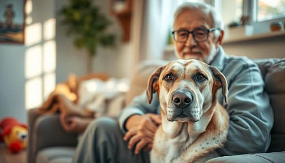 A warm and heartfelt scene of an elderly dog finding a loving new home. In the foreground, an older man sits on a couch, petting a content senior dog with a grey muzzle and kind eyes. Soft, natural lighting filters through a window, casting a gentle glow. In the middle ground, a few toys and cozy blankets suggest a welcoming, comfortable environment. The background is blurred, focusing the viewer's attention on the intimate bond between the dog and its new owner. The mood is one of peace, joy, and the promise of a second chance at a happy life. A warm and heartfelt scene of an elderly dog finding a loving new home. In the foreground, an older man sits on a couch, petting a content senior dog with a grey muzzle and kind eyes. Soft, natural lighting filters through a window, casting a gentle glow. In the middle ground, a few toys and cozy blankets suggest a welcoming, comfortable environment. The background is blurred, focusing the viewer's attention on the intimate bond between the dog and its new owner. The mood is one of peace, joy, and the promise of a second chance at a happy life.