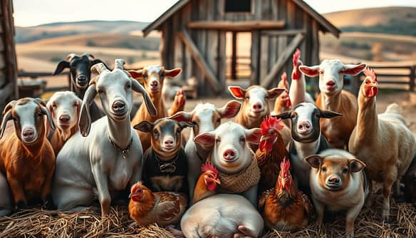 A warm, inviting adoption guide showcasing diverse rescued farm animals - goats, pigs, chickens, and more - nestled together in a cozy, rustic setting. Soft, natural lighting illuminates their friendly, adoptable expressions as they sit or stand, radiating a sense of harmony and kinship. The foreground features the central subjects, while the middle ground reveals a homey wooden barn and rolling hills in the background, creating a serene, countryside ambiance. The overall tone evokes a welcoming, heartwarming atmosphere, encouraging viewers to consider opening their homes to these rescued, mixed-species companions. A warm, inviting adoption guide showcasing diverse rescued farm animals - goats, pigs, chickens, and more - nestled together in a cozy, rustic setting. Soft, natural lighting illuminates their friendly, adoptable expressions as they sit or stand, radiating a sense of harmony and kinship. The foreground features the central subjects, while the middle ground reveals a homey wooden barn and rolling hills in the background, creating a serene, countryside ambiance. The overall tone evokes a welcoming, heartwarming atmosphere, encouraging viewers to consider opening their homes to these rescued, mixed-species companions.