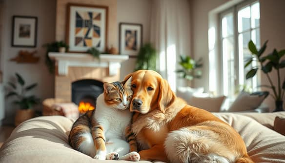 A warm, inviting living room with natural lighting. In the foreground, a bonded pair of a cat and dog, sitting close together on a plush sofa. The cat, with a sleek, calico coat, nuzzles the dog, a golden retriever, who gently rests its head on the cat. Their relaxed, affectionate posture conveys a sense of harmony and companionship. In the middle ground, a cozy fireplace casts a soft, ambient glow, while framed artwork and plants adorn the walls, creating a welcoming, homely atmosphere. The background features a large window, allowing natural light to flood the space and highlighting the pair's contented expressions. A warm, inviting living room with natural lighting. In the foreground, a bonded pair of a cat and dog, sitting close together on a plush sofa. The cat, with a sleek, calico coat, nuzzles the dog, a golden retriever, who gently rests its head on the cat. Their relaxed, affectionate posture conveys a sense of harmony and companionship. In the middle ground, a cozy fireplace casts a soft, ambient glow, while framed artwork and plants adorn the walls, creating a welcoming, homely atmosphere. The background features a large window, allowing natural light to flood the space and highlighting the pair's contented expressions.