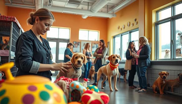 A bustling animal shelter intake area, featuring a dedicated staff member in a professional, modest outfit, gently examining a small dog for health checks. In the foreground, a cheerful, colorful display of pet enrichment toys highlights the care given to the animals. The middle ground showcases another staff member engaged in friendly adoption counseling with a prospective adopter, surrounded by vibrant walls adorned with pet photos. In the background, large windows allow soft, natural light to fill the space, creating a warm and welcoming atmosphere. The scene conveys a sense of compassion, hope, and community, with animals waiting for their new homes and staff passionately involved in the intake process. The composition is captured at eye level with a slightly wide-angle lens to encompass the vibrant interactions.