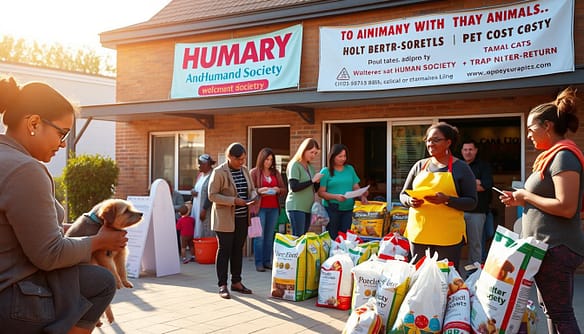 A vibrant community center setting bustling with activity, showcasing a low-cost veterinary clinic in the foreground where a compassionate veterinarian examines a small dog, accompanied by a grateful pet owner in modest casual clothing. In the middle ground, a team of volunteers is organizing a pet pantry, displaying bags of pet food and supplies, while another volunteer teaches a family about Trap-Neuter-Return (TNR) practices for feral cats. The background features a welcoming exterior of the humane society building adorned with colorful banners promoting their services, bathed in warm, natural light that creates an inviting atmosphere. The image captures a sense of community spirit and hopefulness, emphasizing the collaborative efforts to improve the lives of animals and their owners. A vibrant community center setting bustling with activity, showcasing a low-cost veterinary clinic in the foreground where a compassionate veterinarian examines a small dog, accompanied by a grateful pet owner in modest casual clothing. In the middle ground, a team of volunteers is organizing a pet pantry, displaying bags of pet food and supplies, while another volunteer teaches a family about Trap-Neuter-Return (TNR) practices for feral cats. The background features a welcoming exterior of the humane society building adorned with colorful banners promoting their services, bathed in warm, natural light that creates an inviting atmosphere. The image captures a sense of community spirit and hopefulness, emphasizing the collaborative efforts to improve the lives of animals and their owners.
