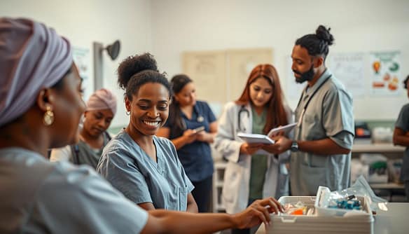 A compassionate scene of a diverse medical team engaged in supportive actions within a shelter, showcasing teamwork and care. In the foreground, a nurse in scrubs checks a patient's vitals with a gentle smile. The middle ground features a doctor consulting with a volunteer while examining medical supplies, highlighted by warm, natural lighting. In the background, an inviting clinic space with posters on health awareness and comfort items creates a sense of hope. The overall mood is uplifting and encouraging, emphasizing the importance of community support in healthcare. The image should have a soft focus with a slightly blurred background to draw attention to the dedicated professionals, captured with a 50mm lens to create intimacy in the scene. A compassionate scene of a diverse medical team engaged in supportive actions within a shelter, showcasing teamwork and care. In the foreground, a nurse in scrubs checks a patient's vitals with a gentle smile. The middle ground features a doctor consulting with a volunteer while examining medical supplies, highlighted by warm, natural lighting. In the background, an inviting clinic space with posters on health awareness and comfort items creates a sense of hope. The overall mood is uplifting and encouraging, emphasizing the importance of community support in healthcare. The image should have a soft focus with a slightly blurred background to draw attention to the dedicated professionals, captured with a 50mm lens to create intimacy in the scene.