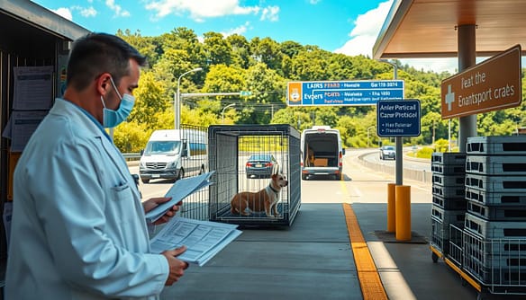 A detailed, organized scene depicting a professional animal transport crate protocol in a busy highway rest stop. In the foreground, a veterinarian in a white lab coat examines an open, spacious animal transport crate, ensuring it meets safety standards, surrounded by various health certification papers. In the middle, a clean, orderly rest area features waiting transport vehicles, crates stacked correctly, and well-maintained signage highlighting crate protocols. The background showcases lush greenery and a clear blue sky, enhancing the bright, hopeful atmosphere of animal rescue efforts. The lighting is soft and natural, capturing the warmth of midday, with a slightly elevated view from a low-angle perspective to highlight the dedication to animal welfare and safety during transport.
