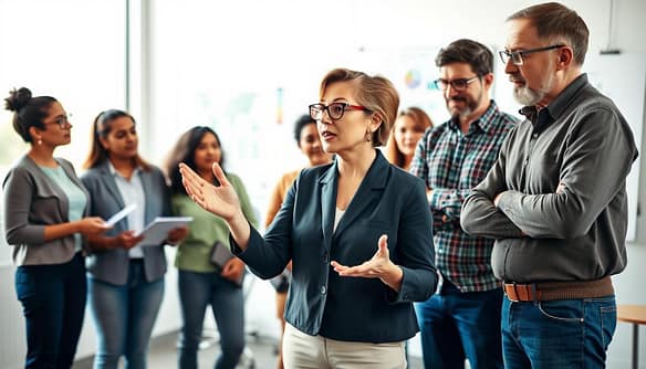 A diverse group of volunteers gathered in a bright, modern conference room, engaged in a lively discussion about animal control policies. In the foreground, a middle-aged woman wearing smart-casual attire is passionately presenting ideas, gesturing with her hands. Beside her, a young man with glasses takes notes intently, while an older gentleman nods thoughtfully, all showcasing a spectrum of ethnicity and age. In the background, a large whiteboard filled with colorful charts and diagrams reflects collaboration. Soft natural light streams through large windows, creating a warm and inviting atmosphere. The setting suggests enthusiasm and commitment, embodying the spirit of community service and teamwork in improving animal welfare policies. The composition captures an ideal blend of professionalism and camaraderie. A diverse group of volunteers gathered in a bright, modern conference room, engaged in a lively discussion about animal control policies. In the foreground, a middle-aged woman wearing smart-casual attire is passionately presenting ideas, gesturing with her hands. Beside her, a young man with glasses takes notes intently, while an older gentleman nods thoughtfully, all showcasing a spectrum of ethnicity and age. In the background, a large whiteboard filled with colorful charts and diagrams reflects collaboration. Soft natural light streams through large windows, creating a warm and inviting atmosphere. The setting suggests enthusiasm and commitment, embodying the spirit of community service and teamwork in improving animal welfare policies. The composition captures an ideal blend of professionalism and camaraderie.