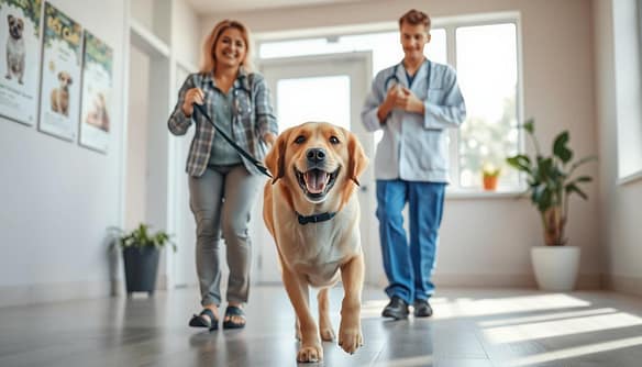 A heartwarming scene depicting a successful medical rehabilitation moment for a rescued dog, showcasing a foster caregiver gently guiding the dog on a leash through a sunlit veterinary clinic. In the foreground, the dog, a medium-sized golden retriever mix with a joyful expression, is trotting proudly. The caregiver, dressed in modest casual clothing, radiates encouragement and warmth. In the middle, a veterinary technician, also in professional attire, stands nearby, offering supportive gestures. The background features bright, airy clinic elements—light-colored walls adorned with pet care posters and leafy plants. Soft natural light streams in through large windows, creating a serene and hopeful atmosphere that reflects triumph and commitment to animal welfare. A heartwarming scene depicting a successful medical rehabilitation moment for a rescued dog, showcasing a foster caregiver gently guiding the dog on a leash through a sunlit veterinary clinic. In the foreground, the dog, a medium-sized golden retriever mix with a joyful expression, is trotting proudly. The caregiver, dressed in modest casual clothing, radiates encouragement and warmth. In the middle, a veterinary technician, also in professional attire, stands nearby, offering supportive gestures. The background features bright, airy clinic elements—light-colored walls adorned with pet care posters and leafy plants. Soft natural light streams in through large windows, creating a serene and hopeful atmosphere that reflects triumph and commitment to animal welfare.