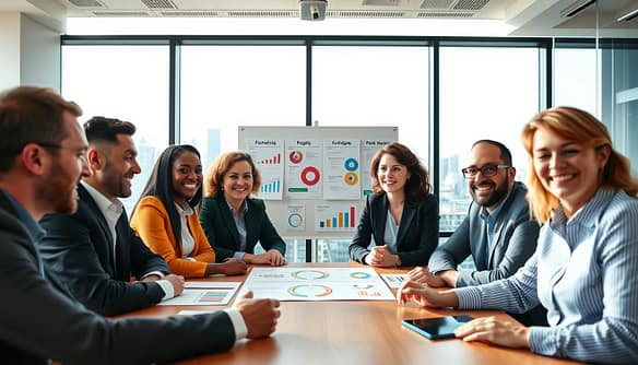 A professional and vibrant fundraising strategy brainstorming session taking place in a modern office environment. In the foreground, a diverse group of five individuals, including men and women of different ethnicities, are gathered around a large table, deeply engaged in discussion. They are dressed in professional business attire, showcasing strong expressions of collaboration and enthusiasm. In the middle ground, colorful charts and graphs showing fundraising progress and goals are pinned on a whiteboard. In the background, a large window offers a view of a city skyline under bright, natural lighting, creating an inspiring atmosphere. The angle is slightly elevated, focusing on the group’s interaction, capturing a sense of teamwork and dedication to the cause. The mood is optimistic and productive, embodying the spirit of community and support.