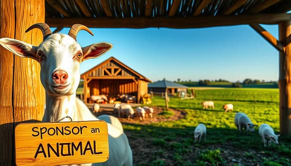 A serene farm animal sanctuary scene showcasing various animals available for sponsorship. In the foreground, a gentle goat with soft, expressive eyes stands beside a vibrant wooden sign reading "Sponsor an Animal." The middle ground features a cozy barn with happy pigs lounging in the sun and a few chickens pecking the ground. In the background, lush green pastures stretch toward a clear blue sky, where playful sheep graze peacefully. The lighting is warm and inviting, reminiscent of golden hour, casting soft shadows and enhancing the natural colors of the animals and the landscape. The overall atmosphere is heartwarming and encouraging, inspiring viewers to support these lovable creatures. A serene farm animal sanctuary scene showcasing various animals available for sponsorship. In the foreground, a gentle goat with soft, expressive eyes stands beside a vibrant wooden sign reading "Sponsor an Animal." The middle ground features a cozy barn with happy pigs lounging in the sun and a few chickens pecking the ground. In the background, lush green pastures stretch toward a clear blue sky, where playful sheep graze peacefully. The lighting is warm and inviting, reminiscent of golden hour, casting soft shadows and enhancing the natural colors of the animals and the landscape. The overall atmosphere is heartwarming and encouraging, inspiring viewers to support these lovable creatures.