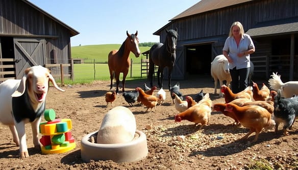 A serene farm sanctuary scene with various farm animals enjoying enrichment activities. In the foreground, a cheerful goat interacts with a colorful puzzle feeder, while a pig roots around in a small mud pit surrounded by scattered vegetables. In the middle, a group of chickens peck at a scattered mix of grains, their feathers vibrant in the soft sunlight. A horse stands nearby, its mane gently blowing in the breeze, while a caregiver in modest casual clothing tends to a sheep’s hooves. The background features a rustic barn and green pastures under a clear blue sky, casting soft, warm light across the scene. The atmosphere is peaceful and engaging, highlighting the care and special diets these animals receive for their well-being.