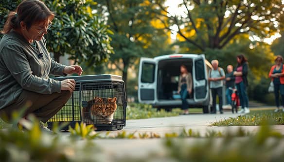 A serene scene depicting a humane cat trapping process in an outdoor urban environment. In the foreground, a professional-looking individual in modest casual clothing gently operates a humane trap with care, ensuring the safety of a wary but healthy community cat inside. The middle ground features a transport vehicle ready to carry the cat, surrounded by supportive volunteers who are focused and compassionate, all in casual attire. Lush greenery and a soft, warm light filter through the trees in the background, suggesting a peaceful neighborhood park. The mood is collaborative and positive, emphasizing community support for animal welfare. Capture the image with a natural lens and soft focus to highlight the gentle interactions and safe handling of the cats, avoiding any stress or fear in the scene.