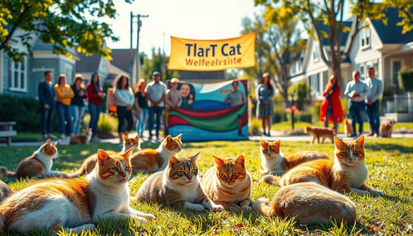 A serene urban scene showcasing the positive results of a community cats TNR (Trap-Neuter-Return) program. In the foreground, several healthy, playful cats lounge contentedly in a sunny park, their fur shining in warm daylight. A respectful group of diverse community members observes from a distance, wearing casual but neat clothing, smiling and interacting. In the middle ground, a clean neighborhood with well-maintained gardens and houses reflects the harmony brought about by the program. In the background, a colorful banner promoting cat welfare flutters gently in the breeze. The lighting is soft and vibrant, suggesting a clear, cheerful day. The atmosphere is peaceful and hopeful, highlighting the reduction of nuisance complaints and the wellbeing of the community’s felines. A serene urban scene showcasing the positive results of a community cats TNR (Trap-Neuter-Return) program. In the foreground, several healthy, playful cats lounge contentedly in a sunny park, their fur shining in warm daylight. A respectful group of diverse community members observes from a distance, wearing casual but neat clothing, smiling and interacting. In the middle ground, a clean neighborhood with well-maintained gardens and houses reflects the harmony brought about by the program. In the background, a colorful banner promoting cat welfare flutters gently in the breeze. The lighting is soft and vibrant, suggesting a clear, cheerful day. The atmosphere is peaceful and hopeful, highlighting the reduction of nuisance complaints and the wellbeing of the community’s felines.