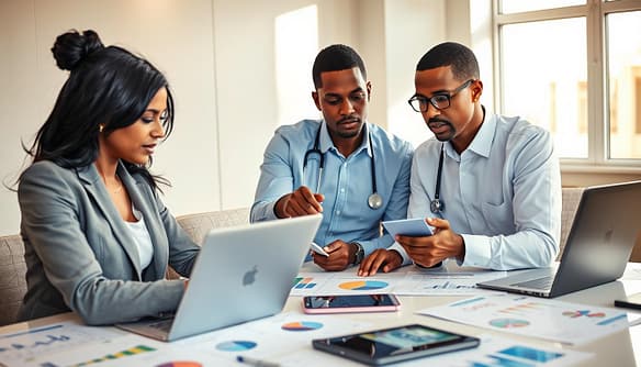 A thoughtful scene depicting a diverse group of healthcare professionals engaged in a collaborative decision-making process around a table filled with data analytics charts and ethical guidelines. In the foreground, a South Asian woman in a smart blazer is analyzing data on a laptop, while a Black man, dressed in a neatly pressed shirt, points to a chart, emphasizing key ethical considerations. In the middle ground, a white woman in professional attire takes notes, surrounded by various digital devices displaying visual data. The background features a softly lit conference room with a large window casting natural light, creating a warm and focused atmosphere. The image conveys a sense of serious contemplation and collaboration, highlighting the intersection of data and ethics in healthcare decision-making.