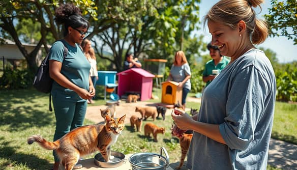 A tranquil community scene depicting a diverse group of volunteers in a sunny outdoor setting, engaging with local community cats as part of a return-to-field program. In the foreground, a compassionate adult wearing modest casual clothing gently pets a friendly tabby cat, while another volunteer nearby fills a food bowl. In the middle ground, several cats explore a designated area with climbing structures and colorful shelters, showcasing a safe environment for the animals. The background features lush greenery and a clear blue sky, evoking a sense of harmony and collaboration. Natural lighting creates a warm and inviting atmosphere, highlighting the joy and connection between the volunteers and the cats. The scene is peaceful, emphasizing community effort in animal care and the importance of pet retention strategies.