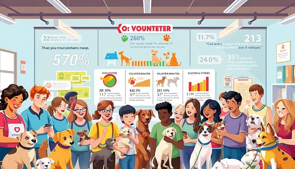 A vibrant and engaging illustration showcasing volunteer statistics for animal shelters. In the foreground, a diverse group of volunteers of various ages and ethnicities enthusiastically interact with adorable, adoptable pets, surrounded by colorful pet adoption signs. In the middle ground, a well-organized display of infographics, visually presenting statistics such as the number of pets adopted, volunteers recruited, and successful foster stories, all in a clear, appealing format. The background features a welcoming animal shelter environment, with bright and natural lighting filtering through large windows. Use a slightly angled aerial view to capture the lively atmosphere, emphasizing a sense of community and joy in animal rescue efforts. The mood is uplifting and inspiring, perfect for encouraging volunteerism and adoption.
