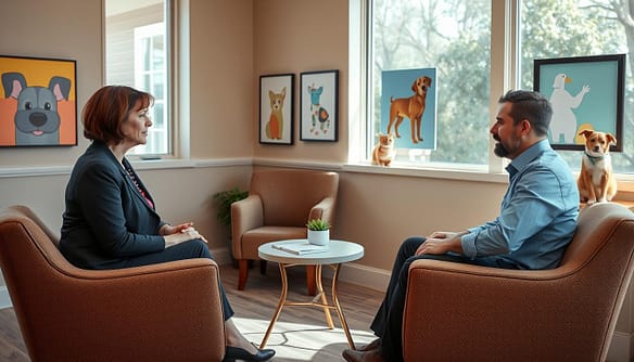 A warm and inviting counseling room in a no-kill shelter, featuring a cozy seating area with soft armchairs and a small coffee table. In the foreground, a compassionate counselor, a middle-aged woman in modest business attire, is attentively listening to a couple sitting across from her, both dressed in smart casual clothing. The couple displays a mix of eagerness and nervousness as they discuss their responsibilities in post-adoption support. In the background, light streams through large windows, highlighting colorful pet-themed artwork on the walls. A friendly cat sits on the windowsill, adding a touch of warmth to the scene. The atmosphere is supportive and nurturing, designed to evoke trust and comfort in the adoption process. A warm and inviting counseling room in a no-kill shelter, featuring a cozy seating area with soft armchairs and a small coffee table. In the foreground, a compassionate counselor, a middle-aged woman in modest business attire, is attentively listening to a couple sitting across from her, both dressed in smart casual clothing. The couple displays a mix of eagerness and nervousness as they discuss their responsibilities in post-adoption support. In the background, light streams through large windows, highlighting colorful pet-themed artwork on the walls. A friendly cat sits on the windowsill, adding a touch of warmth to the scene. The atmosphere is supportive and nurturing, designed to evoke trust and comfort in the adoption process.