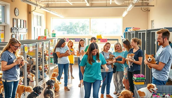 A warm, inviting scene at a bustling animal shelter, focusing on enthusiastic volunteers actively engaging with various adorable animals. In the foreground, a diverse group of volunteers in casual, comfortable clothing are playing with puppies, grooming cats, and assisting visitors. In the middle ground, vibrant animal enclosures filled with happy pets await adoption, showcasing colorful signage and pet supplies. The background features a bright, sunny day filtering through large windows, illuminating the shelter with a cheerful glow. Soft, natural lighting enhances the feeling of warmth and compassion. The atmosphere conveys a sense of community, care, and action, emphasizing the positive impact of volunteering at an animal shelter. الفيا A warm, inviting scene at a bustling animal shelter, focusing on enthusiastic volunteers actively engaging with various adorable animals. In the foreground, a diverse group of volunteers in casual, comfortable clothing are playing with puppies, grooming cats, and assisting visitors. In the middle ground, vibrant animal enclosures filled with happy pets await adoption, showcasing colorful signage and pet supplies. The background features a bright, sunny day filtering through large windows, illuminating the shelter with a cheerful glow. Soft, natural lighting enhances the feeling of warmth and compassion. The atmosphere conveys a sense of community, care, and action, emphasizing the positive impact of volunteering at an animal shelter. الفيا