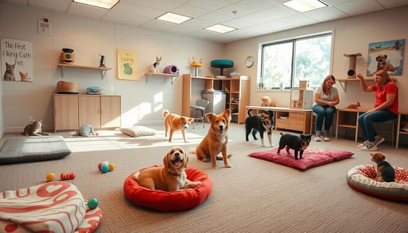 A warmly lit enrichment room for animals in a no-kill shelter, focusing on a cozy, inviting environment. In the foreground, colorful play mats and soft beds scattered on a textured floor, while playful toys are arranged nearby. In the middle ground, happy dogs and cats interact with staff members wearing casual clothes, engaging in play and socialization. The walls are adorned with uplifting pet-themed artwork and shelves filled with enrichment items like puzzle feeders and climbing structures. In the background, large windows allow natural light to flood in, with greenery visible outside, creating a cheerful and nurturing atmosphere. Use a wide-angle lens to capture the spaciousness, and convey a sense of joy and care throughout the scene.